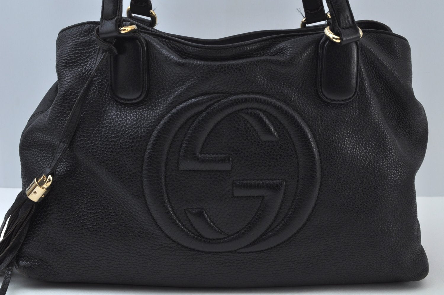 Authentic GUCCI SOHO Tassel Shoulder Bag GG Leather 308363 Black K9979