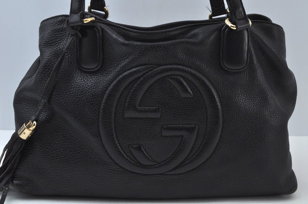 Authentic GUCCI SOHO Tassel Shoulder Bag GG Leather 308363 Black K9979