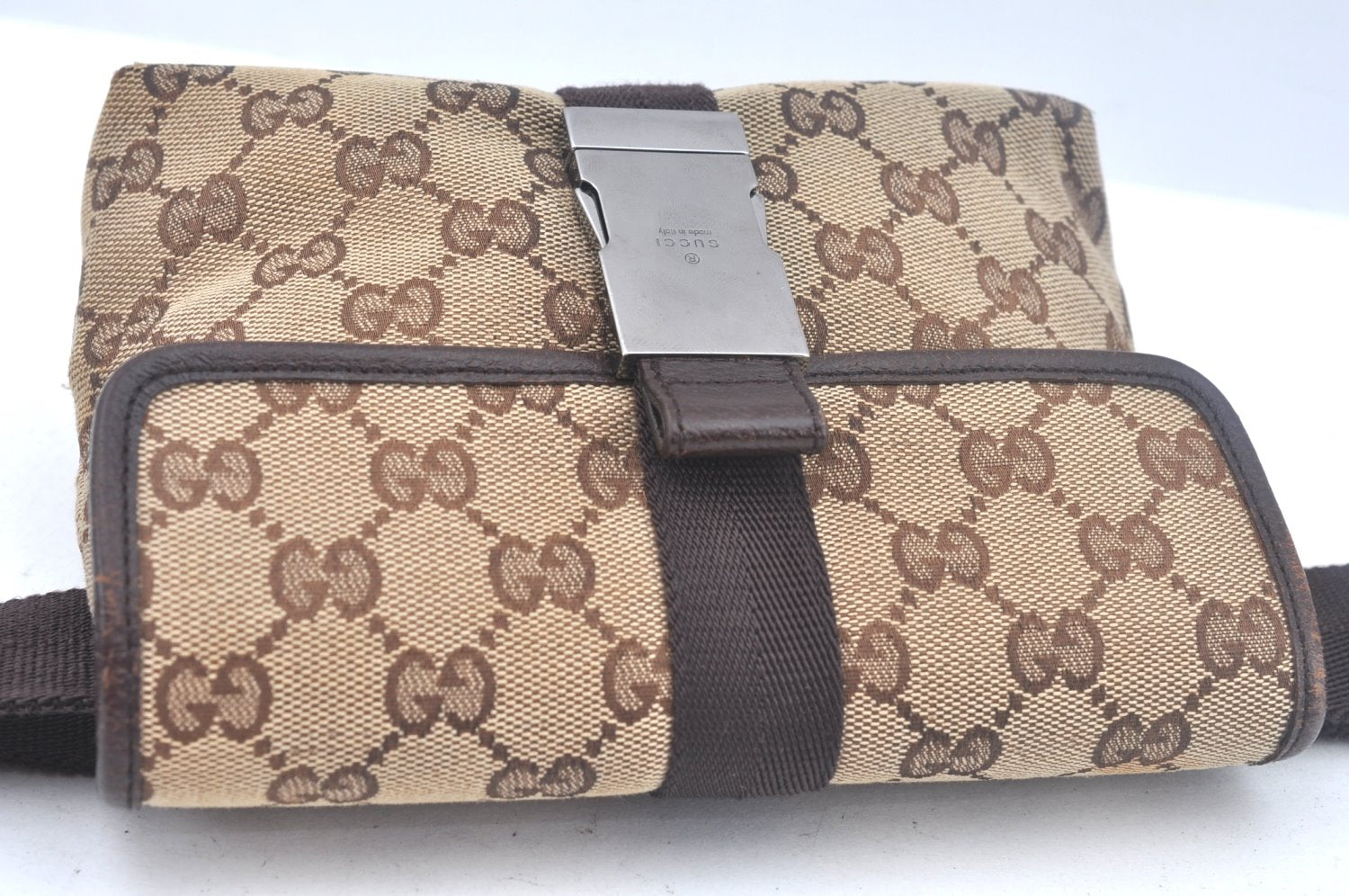 Authentic GUCCI Waist Body Bag GG Canvas Leather Brown K9982