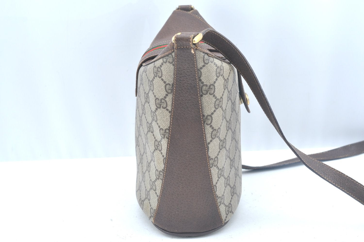Authentic GUCCI Web Sherry Line Shoulder Cross Bag GG PVC Leather Brown K9992