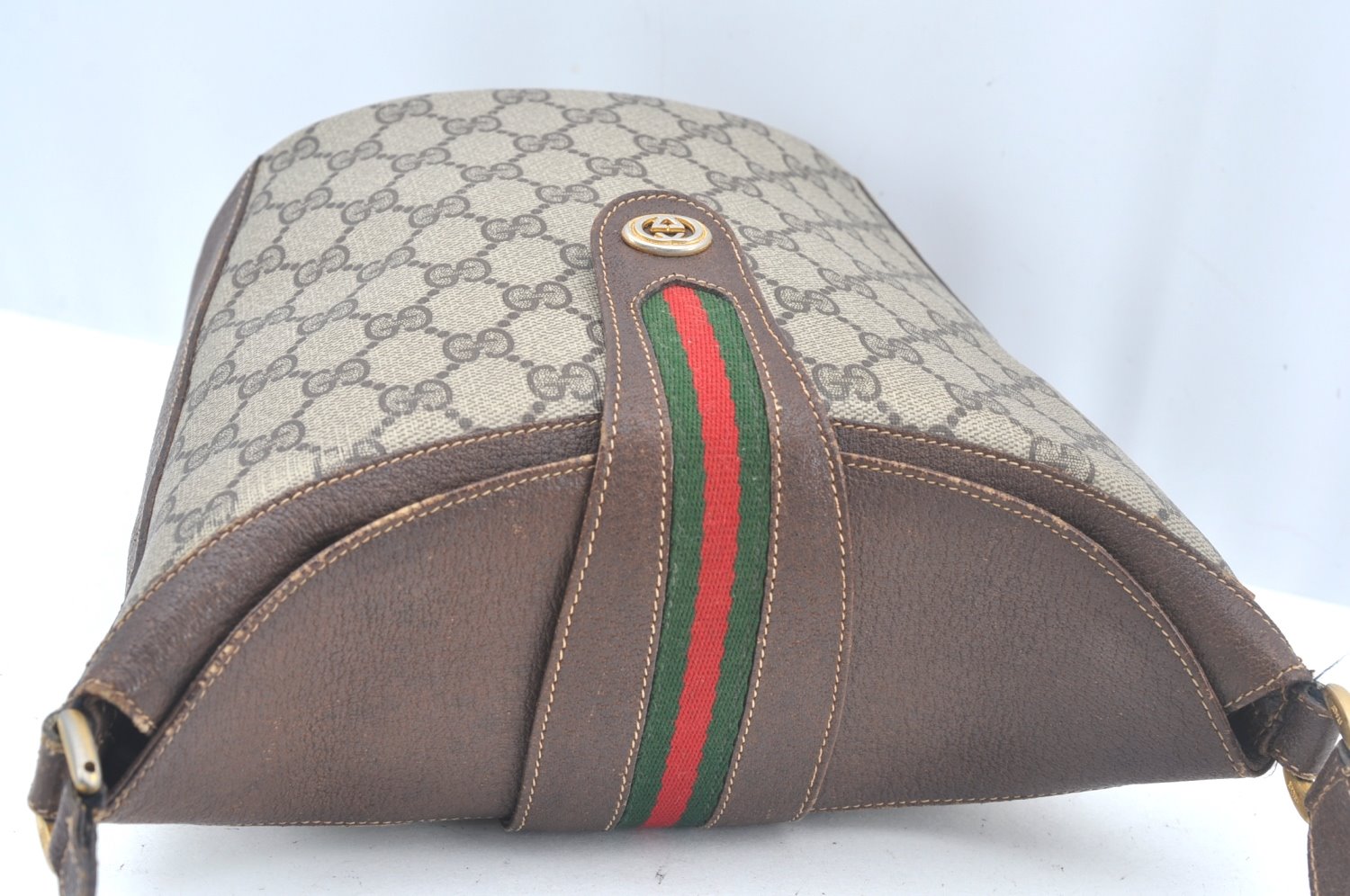 Authentic GUCCI Web Sherry Line Shoulder Cross Bag GG PVC Leather Brown K9992