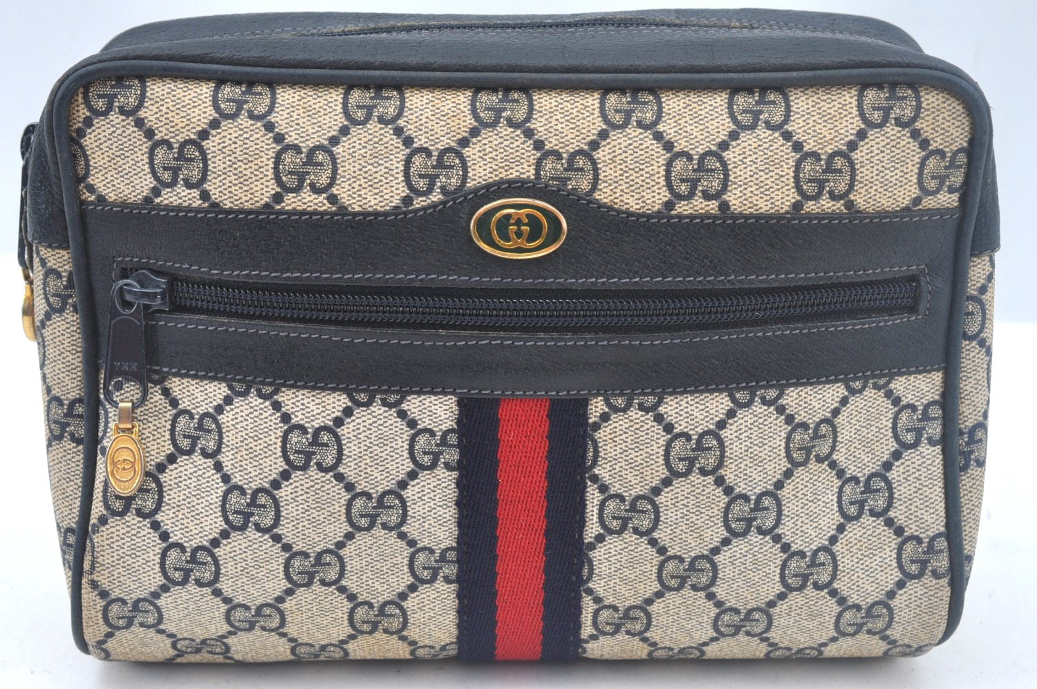 Authentic GUCCI Sherry Line Clutch Hand Bag Purse GG PVC Leather Navy Blue L0003