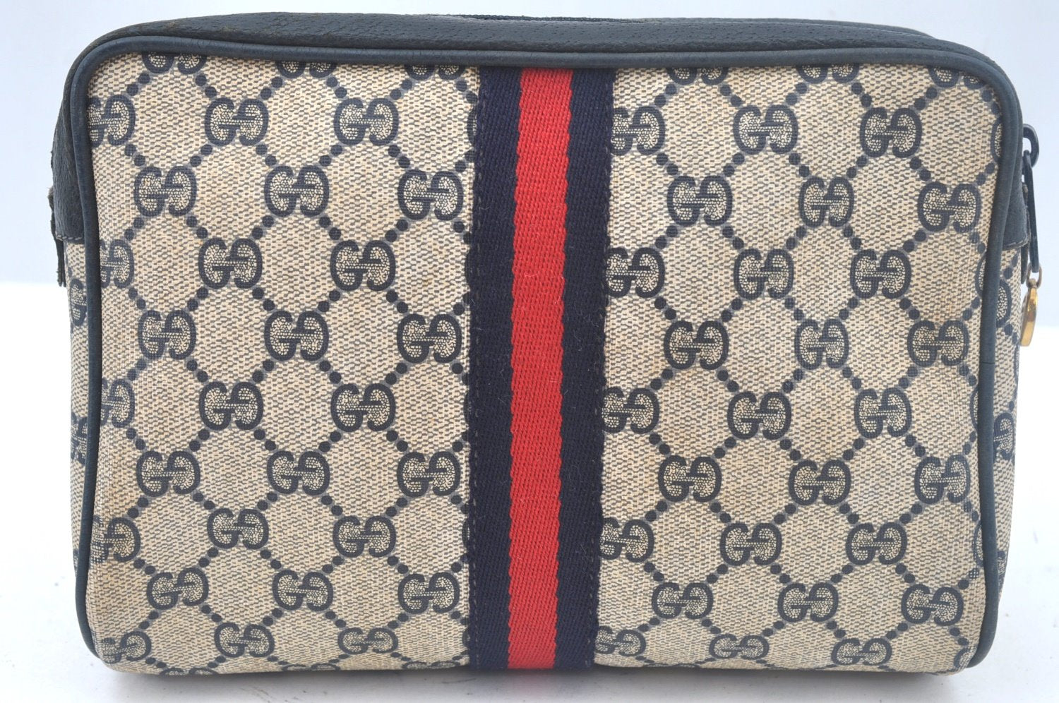 Authentic GUCCI Sherry Line Clutch Hand Bag Purse GG PVC Leather Navy Blue L0003