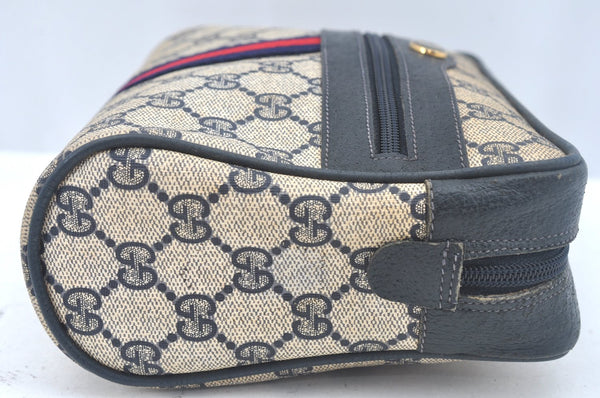 Authentic GUCCI Sherry Line Clutch Hand Bag Purse GG PVC Leather Navy Blue L0003