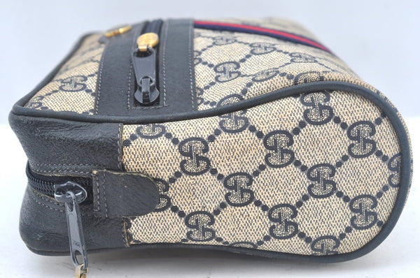 Authentic GUCCI Sherry Line Clutch Hand Bag Purse GG PVC Leather Navy Blue L0003