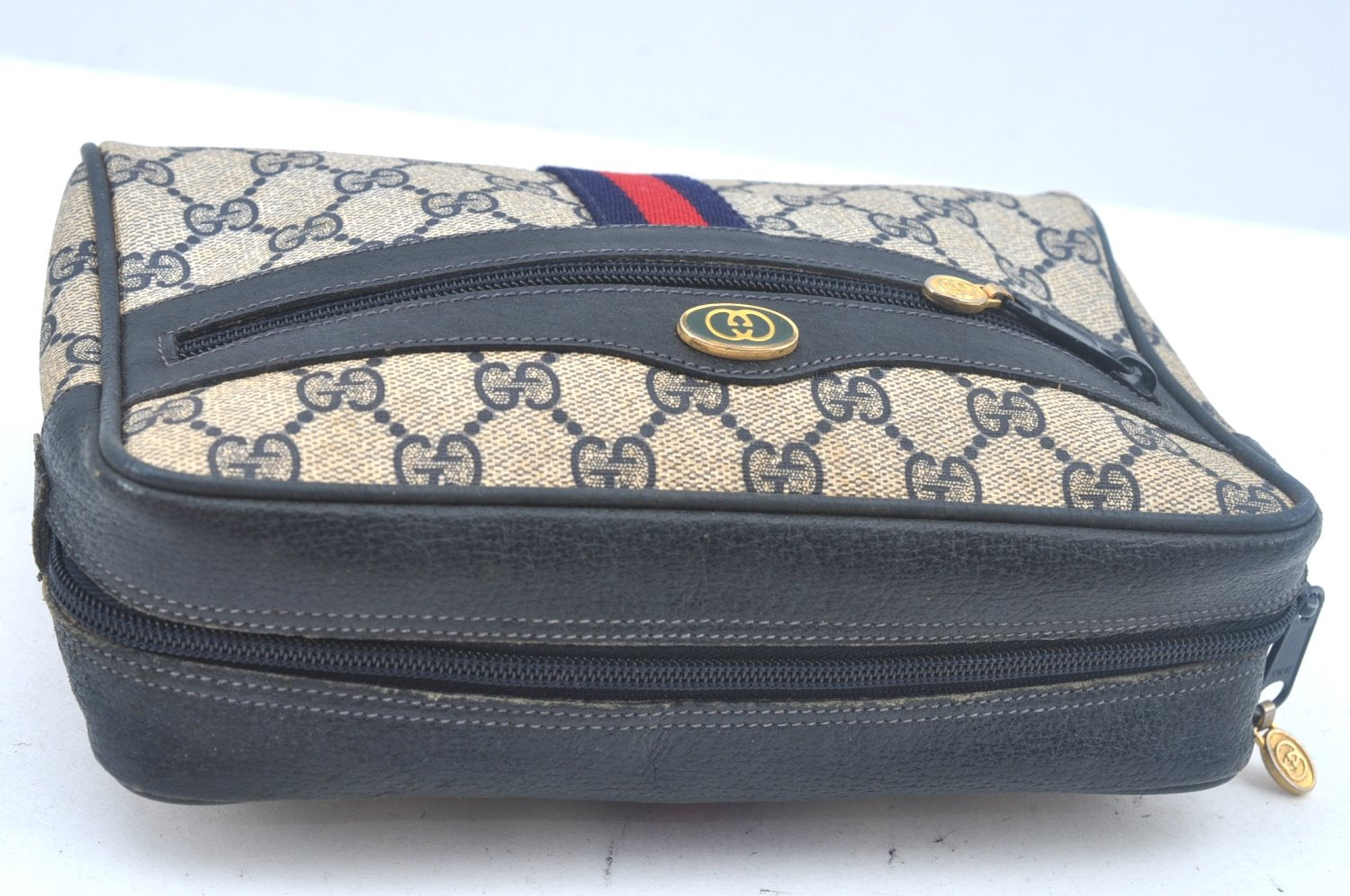 Authentic GUCCI Sherry Line Clutch Hand Bag Purse GG PVC Leather Navy Blue L0003