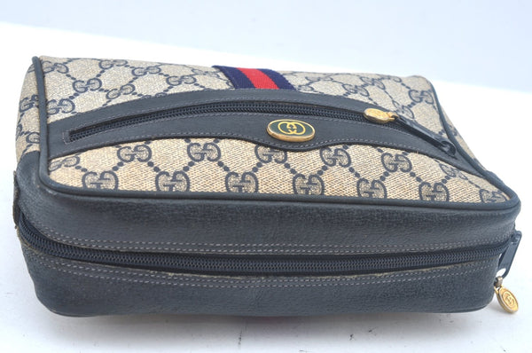 Authentic GUCCI Sherry Line Clutch Hand Bag Purse GG PVC Leather Navy Blue L0003