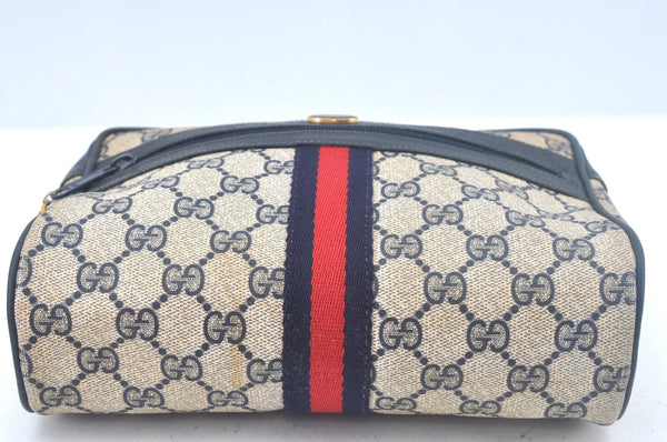 Authentic GUCCI Sherry Line Clutch Hand Bag Purse GG PVC Leather Navy Blue L0003