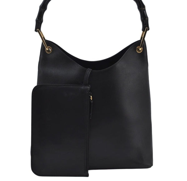 Authentic GUCCI Bamboo Vintage Shoulder Bag Leather Black L0004