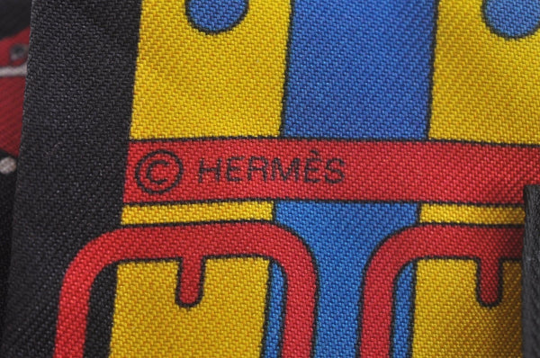 Authentic HERMES Twilly Scarf "Couvertures nouvelles" Silk Black L0011