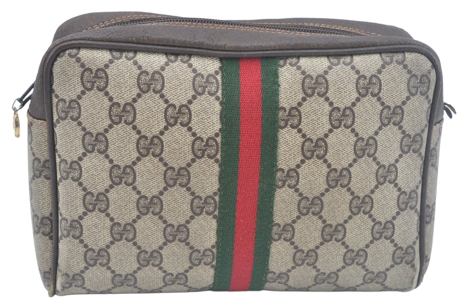 Authentic GUCCI Web Sherry Line Clutch Hand Bag Purse GG PVC Leather Brown L0013