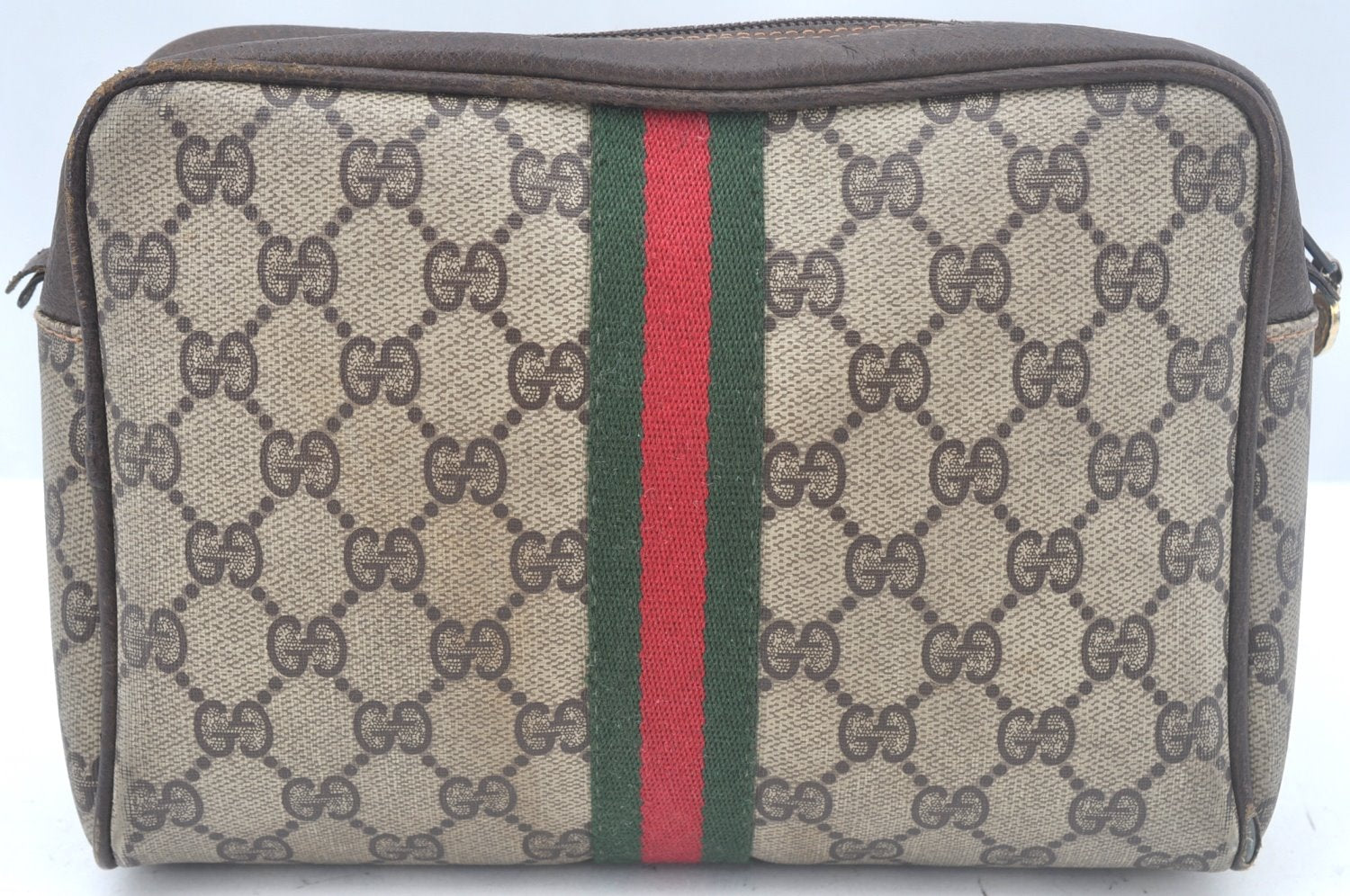 Authentic GUCCI Web Sherry Line Clutch Hand Bag Purse GG PVC Leather Brown L0013