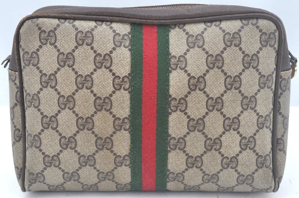 Authentic GUCCI Web Sherry Line Clutch Hand Bag Purse GG PVC Leather Brown L0013