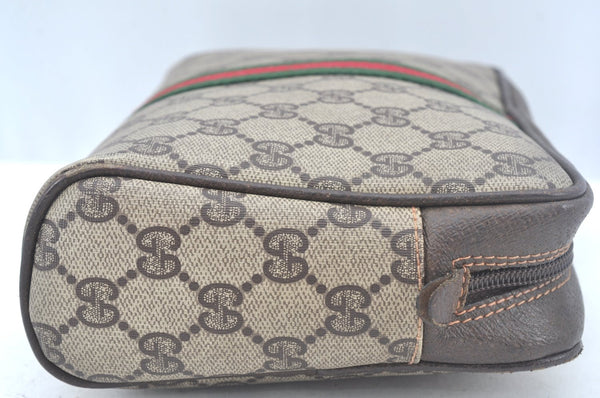 Authentic GUCCI Web Sherry Line Clutch Hand Bag Purse GG PVC Leather Brown L0013