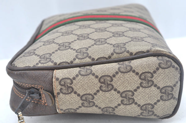 Authentic GUCCI Web Sherry Line Clutch Hand Bag Purse GG PVC Leather Brown L0013