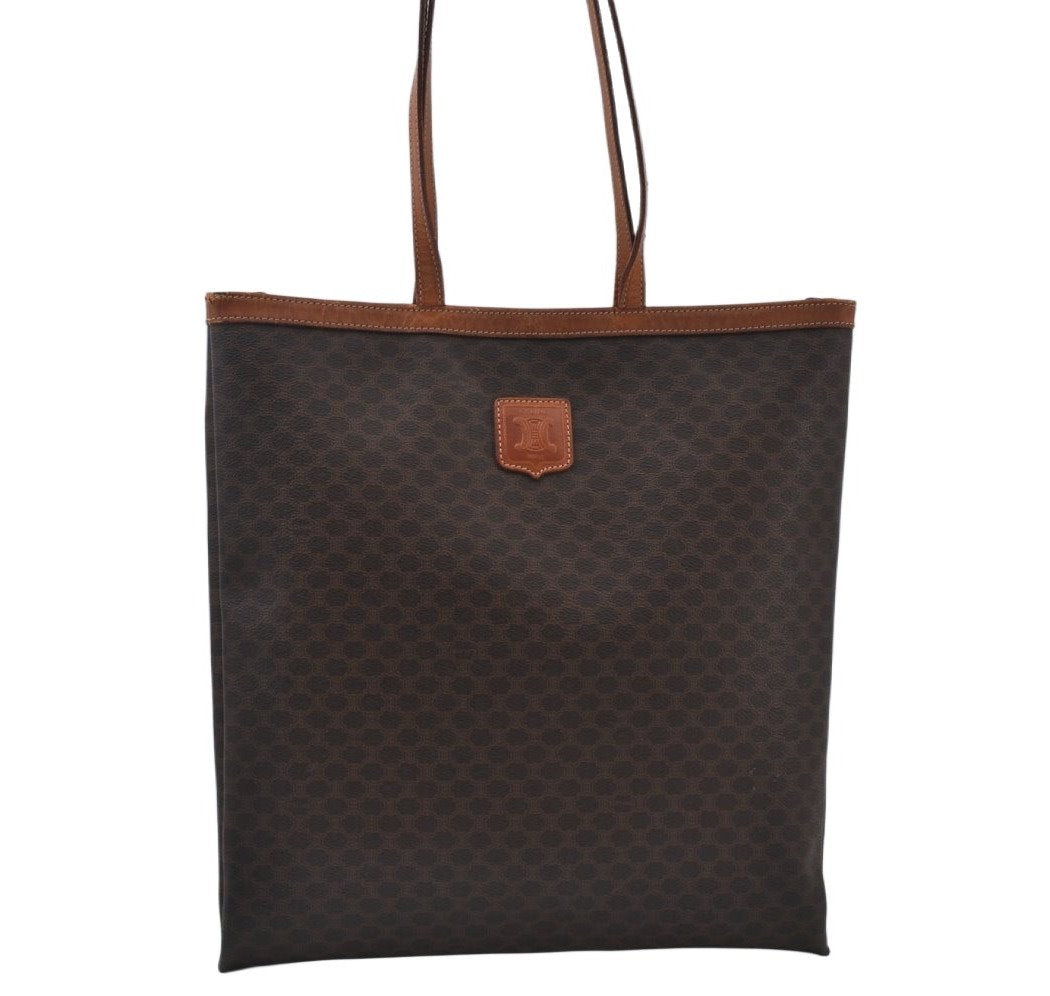 Authentic CELINE Macadam Blason Shoulder Tote Bag PVC Leather Brown L0014