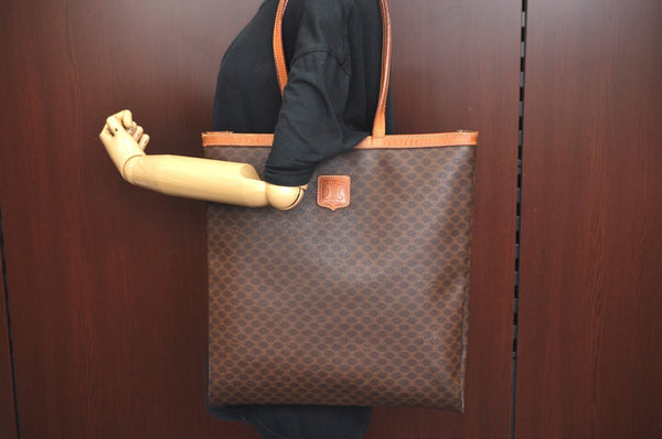 Authentic CELINE Macadam Blason Shoulder Tote Bag PVC Leather Brown L0014