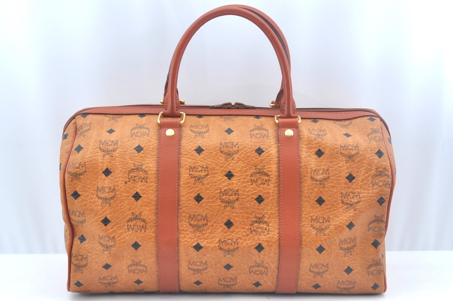 Authentic MCM Visetos Leather Vintage Travel Boston Bag Brown L0030