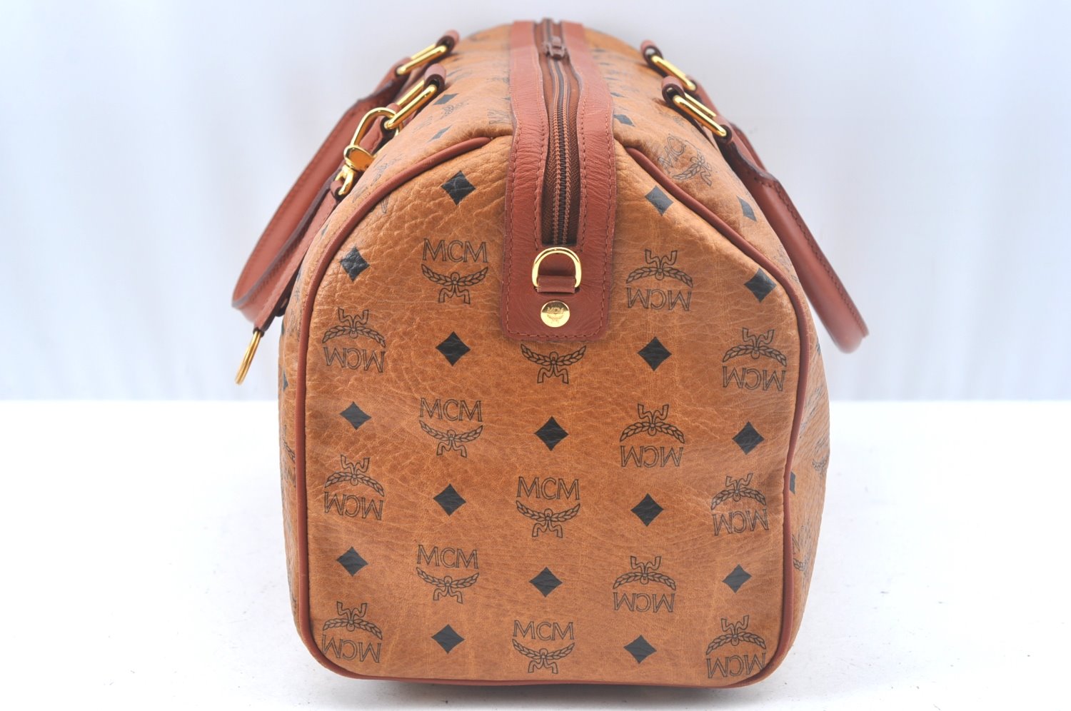 Authentic MCM Visetos Leather Vintage Travel Boston Bag Brown L0030