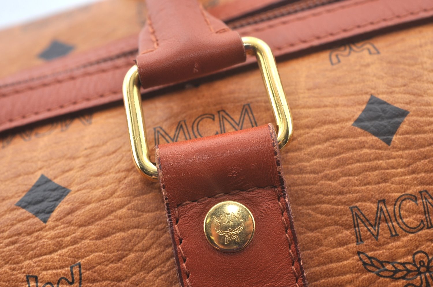 Authentic MCM Visetos Leather Vintage Travel Boston Bag Brown L0030