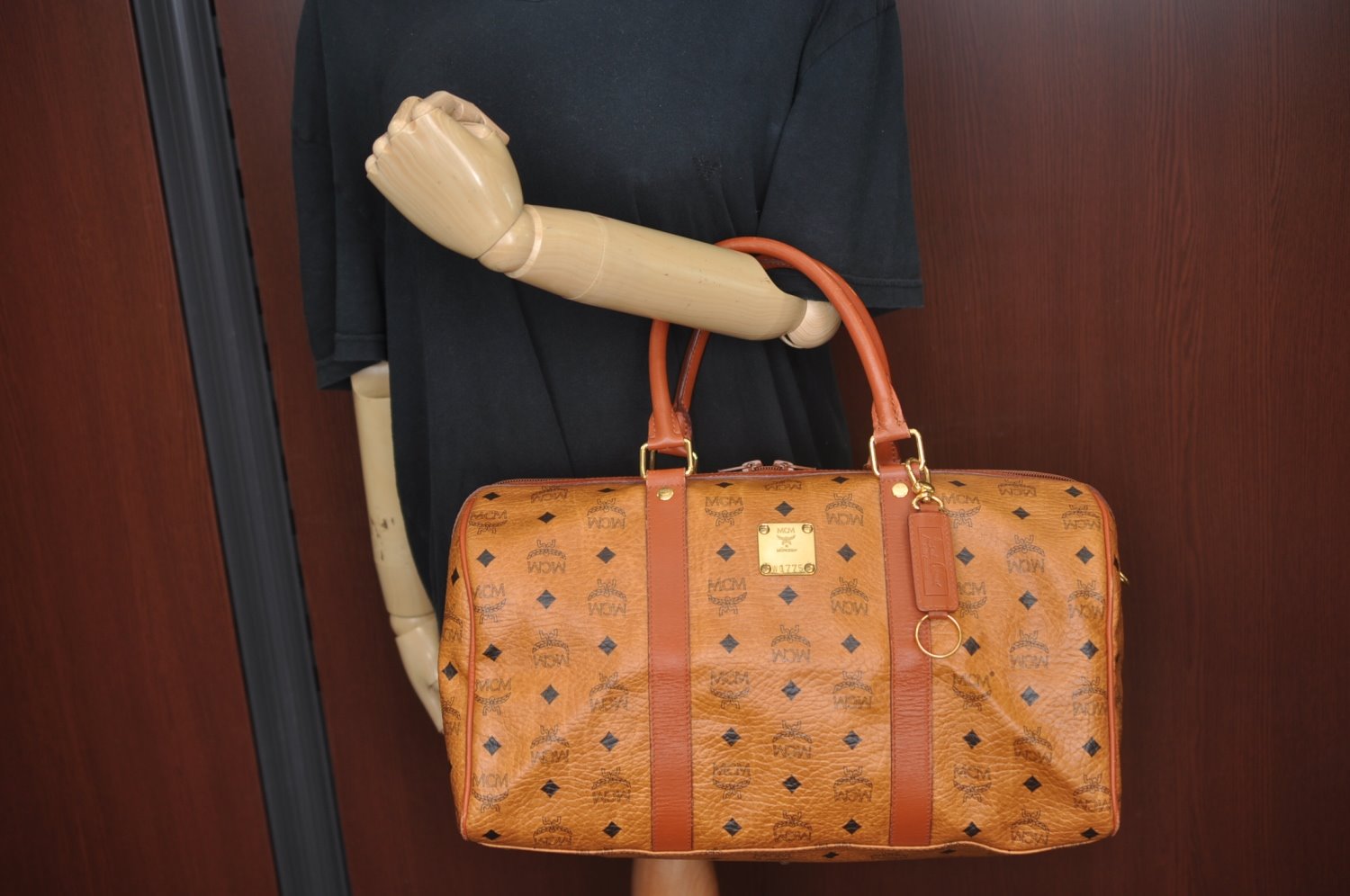 Authentic MCM Visetos Leather Vintage Travel Boston Bag Brown L0030