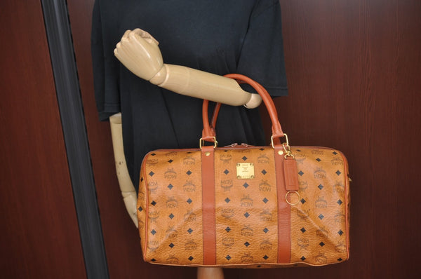 Authentic MCM Visetos Leather Vintage Travel Boston Bag Brown L0030