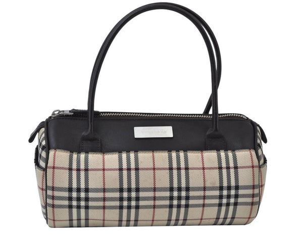 Authentic BURBERRY Vintage Check Hand Bag Canvas Leather Brown L0038