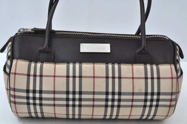 Authentic BURBERRY Vintage Check Hand Bag Canvas Leather Brown L0038