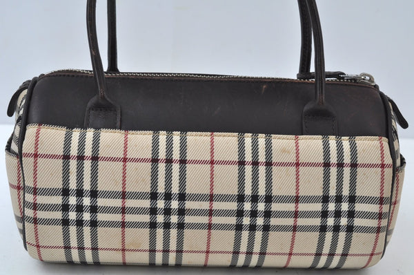 Authentic BURBERRY Vintage Check Hand Bag Canvas Leather Brown L0038