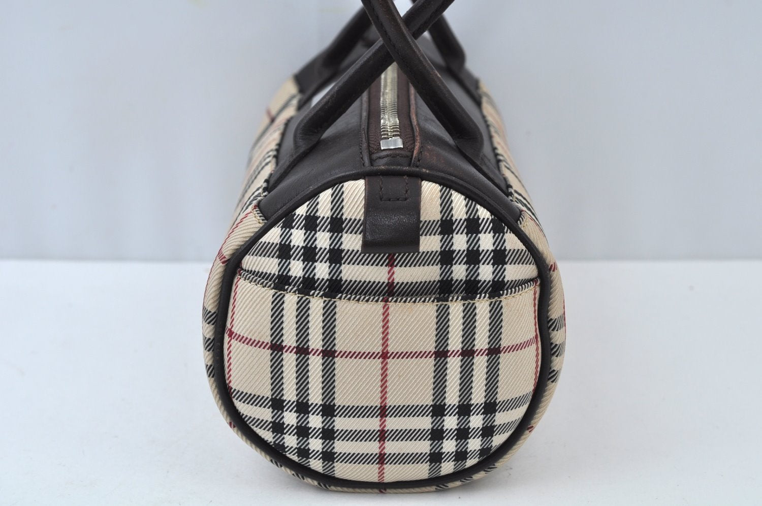 Authentic BURBERRY Vintage Check Hand Bag Canvas Leather Brown L0038