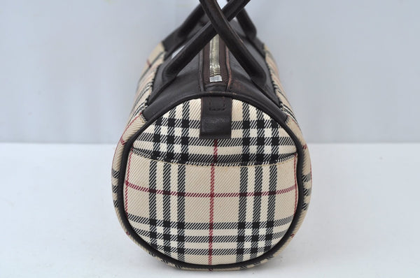 Authentic BURBERRY Vintage Check Hand Bag Canvas Leather Brown L0038