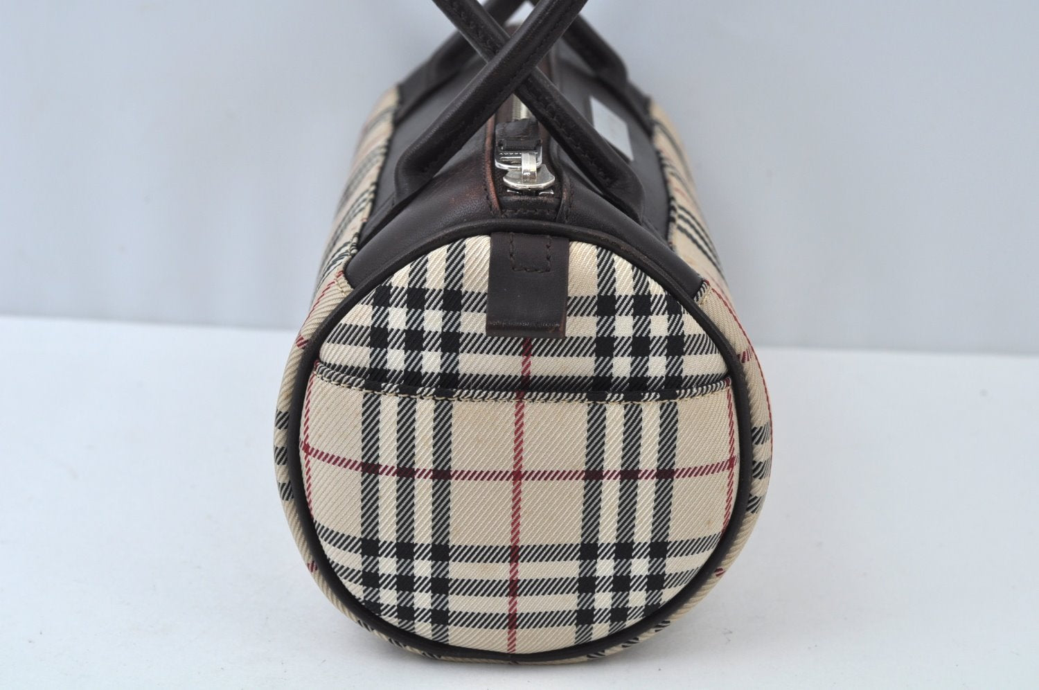 Authentic BURBERRY Vintage Check Hand Bag Canvas Leather Brown L0038