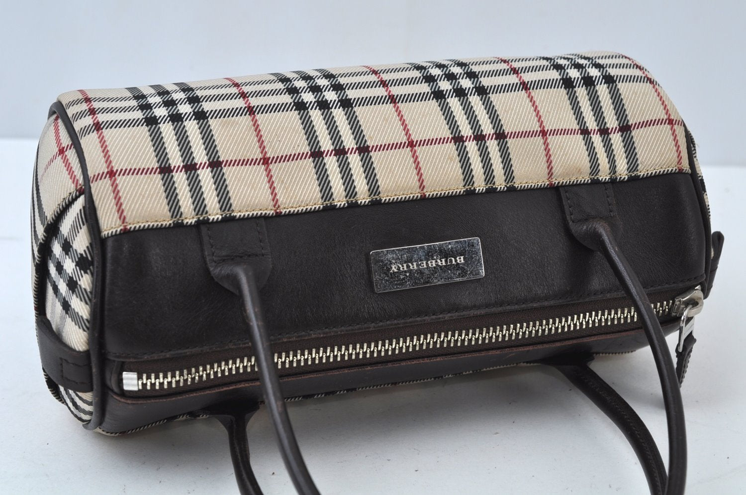 Authentic BURBERRY Vintage Check Hand Bag Canvas Leather Brown L0038