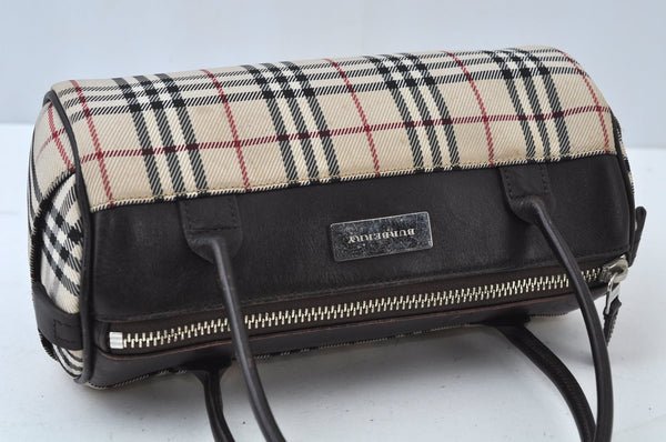 Authentic BURBERRY Vintage Check Hand Bag Canvas Leather Brown L0038