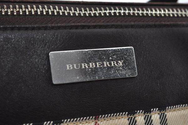 Authentic BURBERRY Vintage Check Hand Bag Canvas Leather Brown L0038