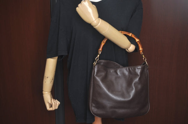Authentic GUCCI Bamboo 2way Hand Shoulder Bag Leather Brown L0045