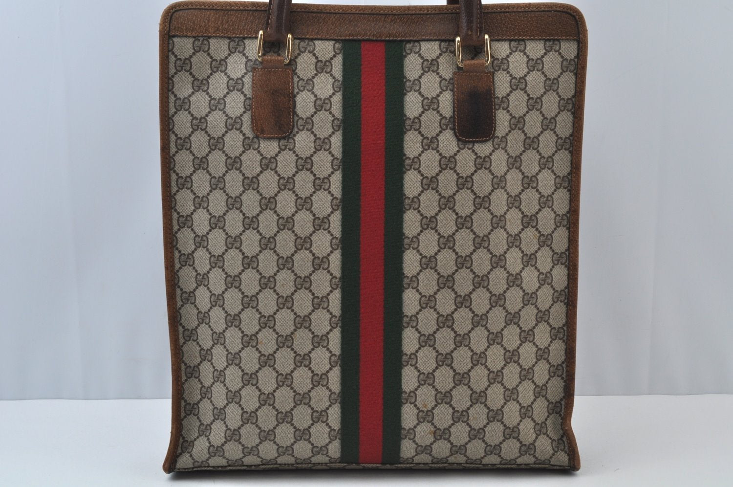 Authentic GUCCI Web Sherry Line Hand Tote Bag GG PVC Leather Brown L0049