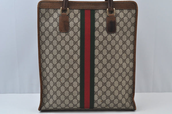 Authentic GUCCI Web Sherry Line Hand Tote Bag GG PVC Leather Brown L0049