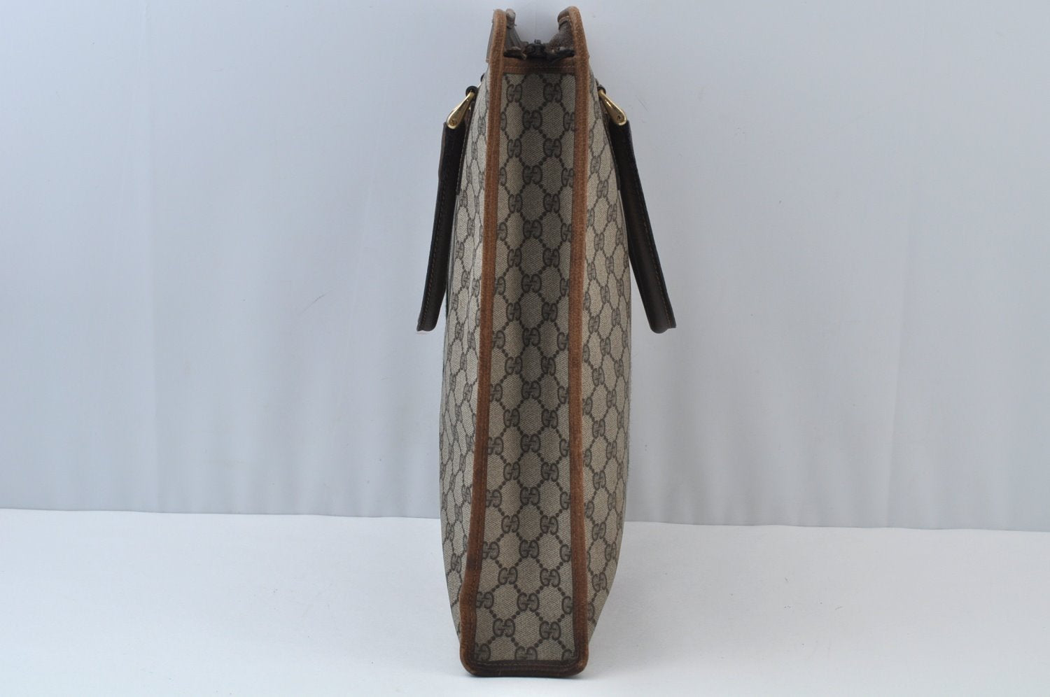 Authentic GUCCI Web Sherry Line Hand Tote Bag GG PVC Leather Brown L0049