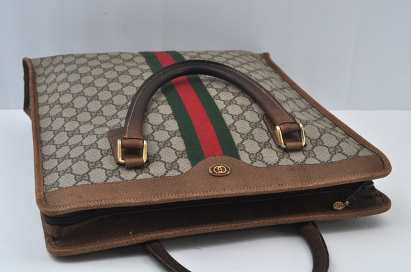 Authentic GUCCI Web Sherry Line Hand Tote Bag GG PVC Leather Brown L0049