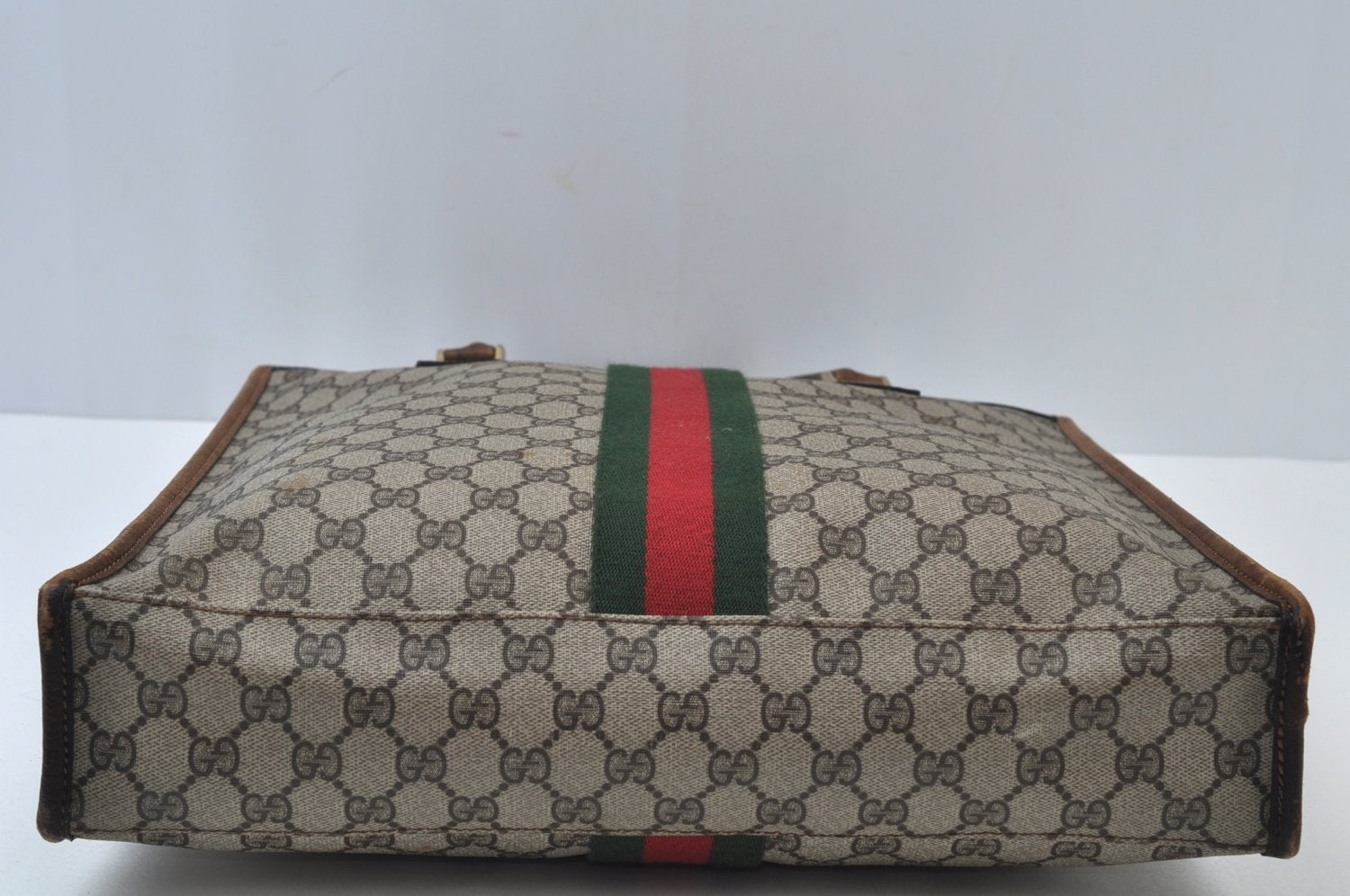 Authentic GUCCI Web Sherry Line Hand Tote Bag GG PVC Leather Brown L0049