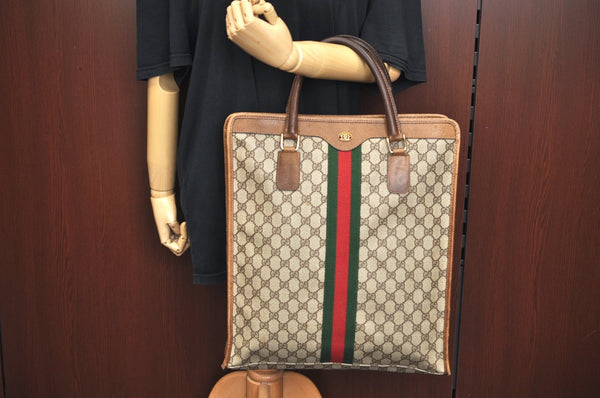 Authentic GUCCI Web Sherry Line Hand Tote Bag GG PVC Leather Brown L0049