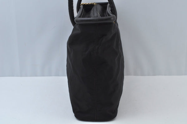 Authentic CELINE Shoulder Tote Bag Nylon Leather Black L0050