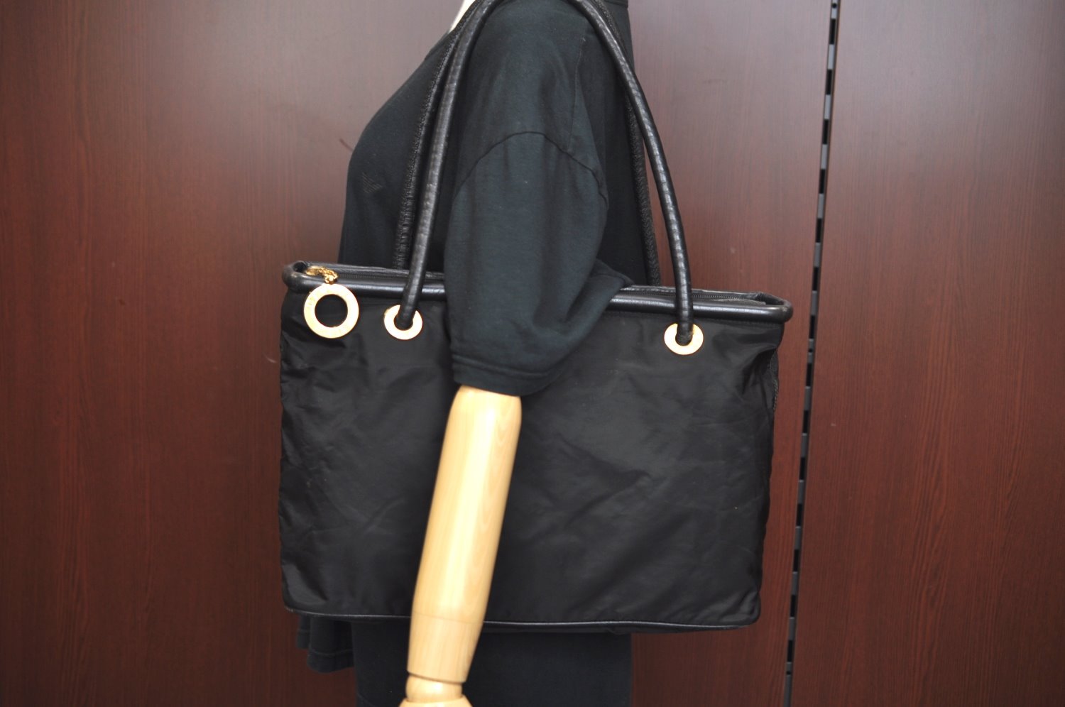 Authentic CELINE Shoulder Tote Bag Nylon Leather Black L0050