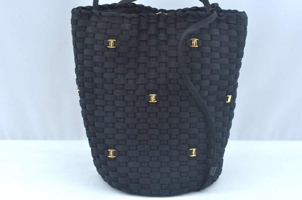 Authentic Salvatore Ferragamo Vara Shoulder Bag Purse Nylon Black SF L0053