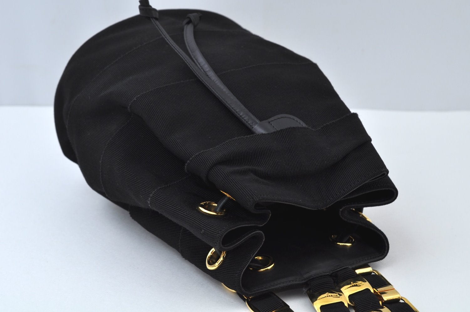 Authentic Salvatore Ferragamo Vara Back Pack Purse Canvas Leather Black L0054