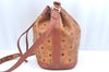 Authentic MCM Visetos Leather Vintage Shoulder Drawstring Bag Purse Brown L0064