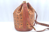 Authentic MCM Visetos Leather Vintage Shoulder Drawstring Bag Purse Brown L0064