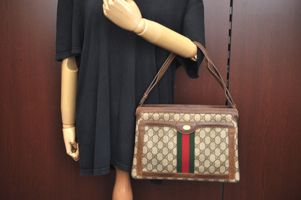 Authentic GUCCI Web Sherry Line Shoulder Cross Bag GG PVC Leather Brown L0065