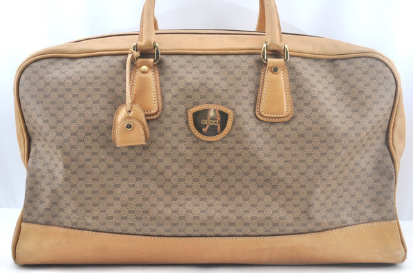 Authentic GUCCI Micro GG PVC Leather Travel Boston Bag Brown L0072